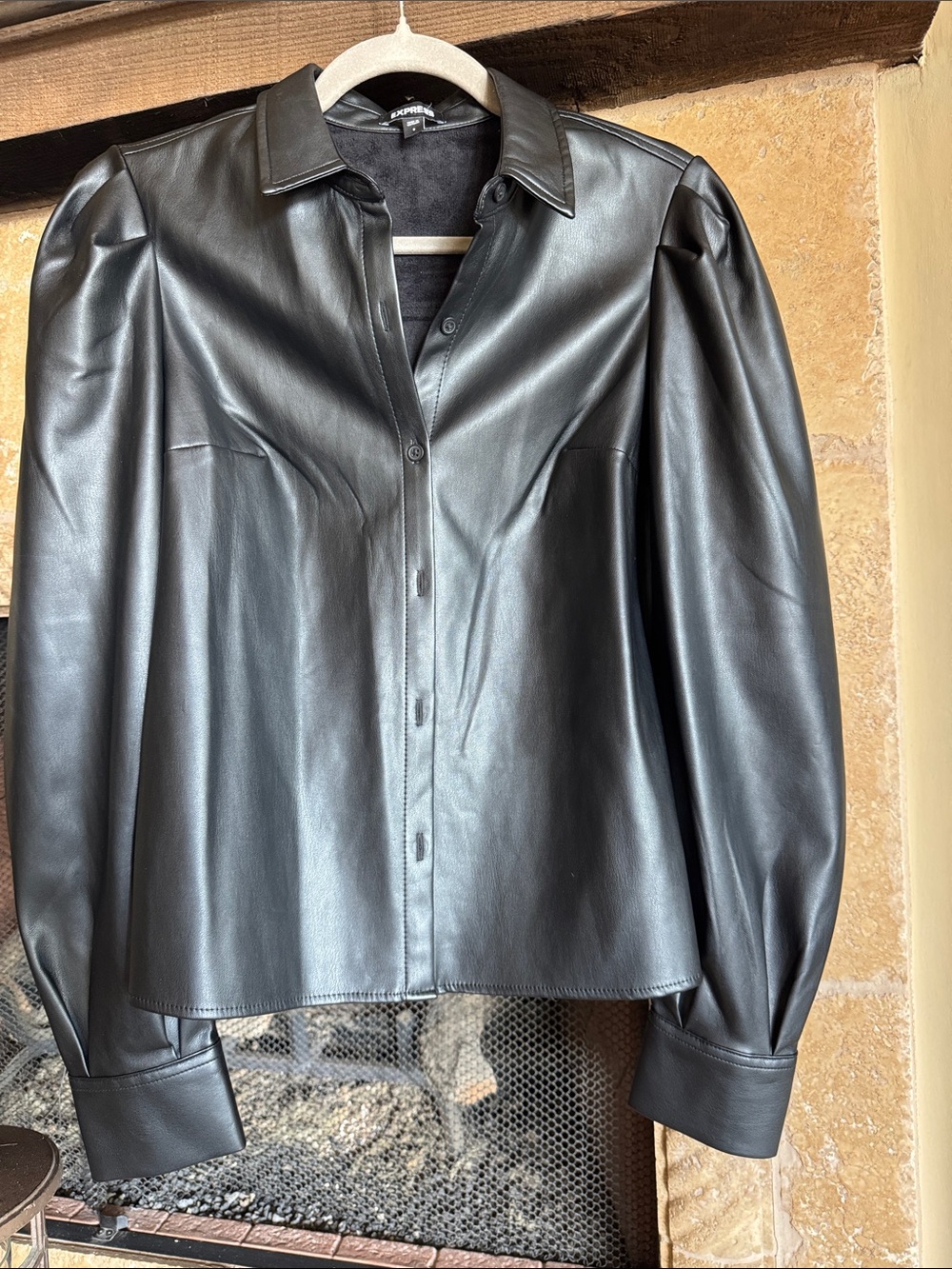 New, no tag Express Black Faux Leather Puff-Sleeve Shirt Jacket S